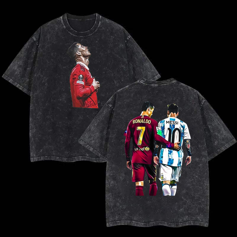 Double Ball King Cristiano Ronaldo double-sided printed short sleeved retro distressed washed American street style T-shirt