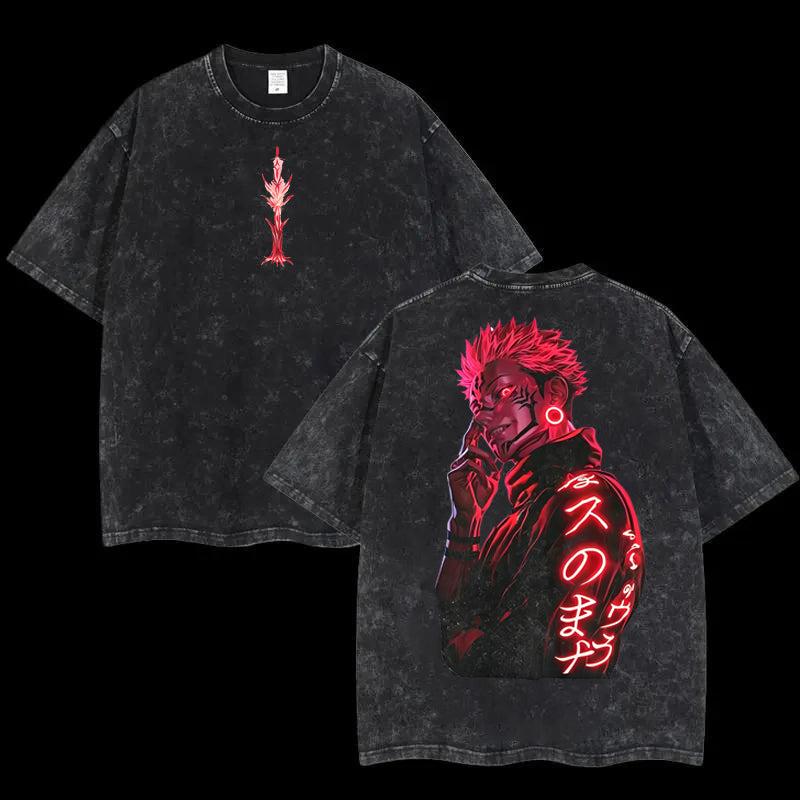 Ryomen Sukuna Jujutsu Kaisen Oversized Washed Tee Heavy Cotton Neon Red Graphic Shirt Anime Collector Essential Double Sided Prints Big Bold Graphics