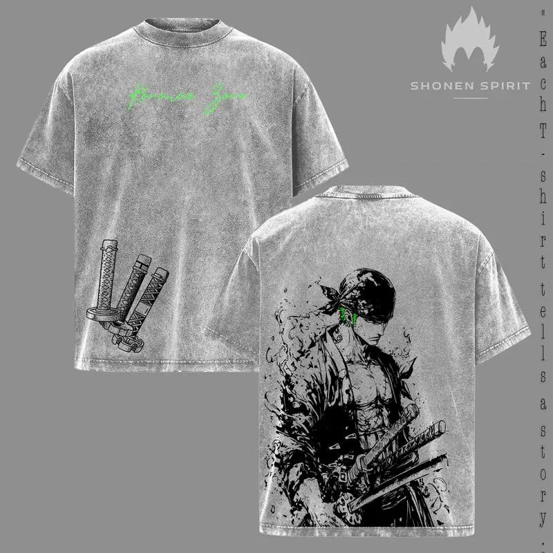 Roronoa Zoro T-Shirt, One Piecee Anime Tee, Three Sword Style Shirt, Santoryu Graphic Top, Vintage Washed Streetwear, Green Aesthetic Design, Wano Arc Zoro Tee, Oversized Unisex Outfit, Shonen Spirit Collection vintage style top