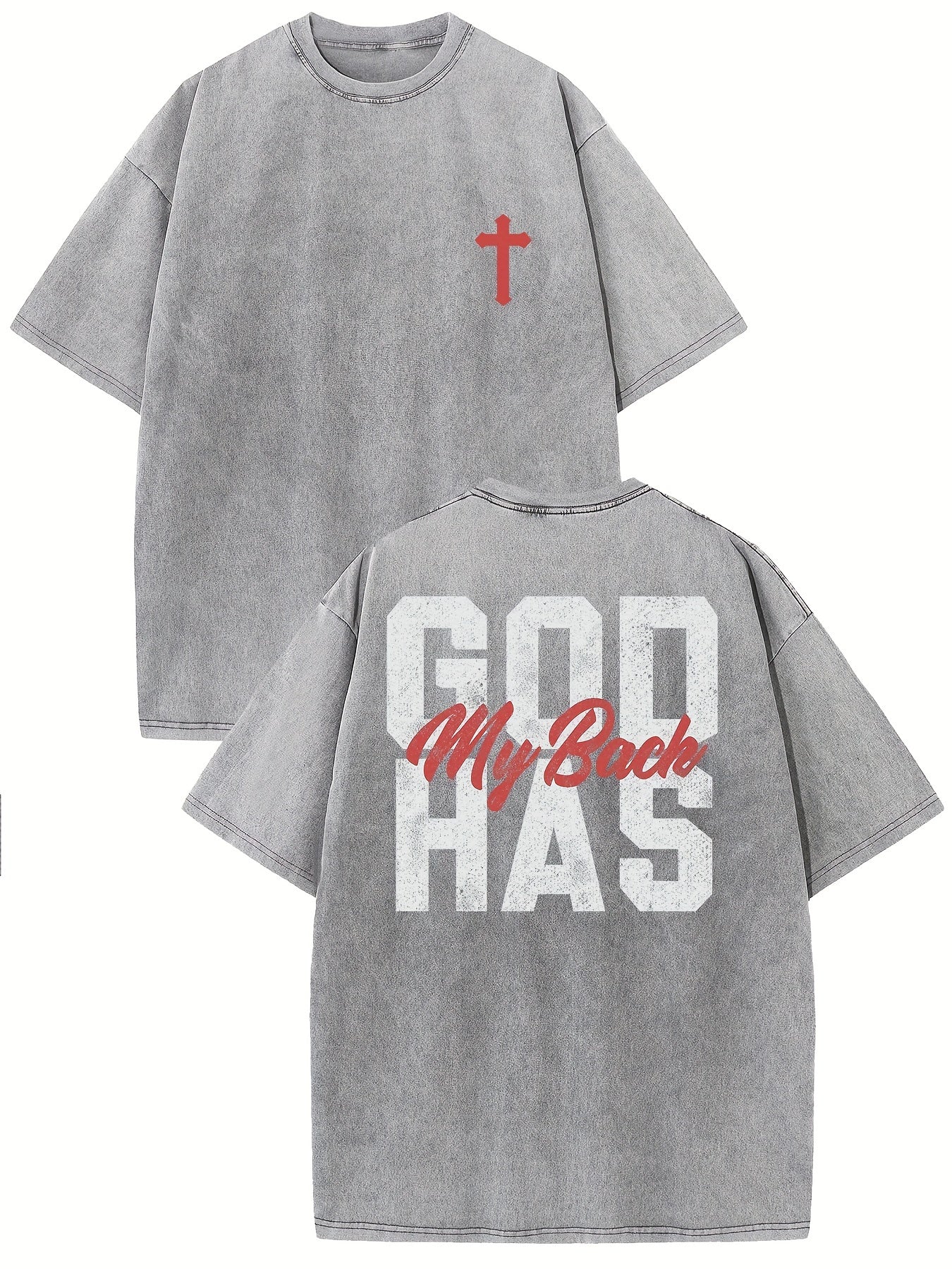 God Has My Back Vintage Washed High Quality Cotton Graphic T-shirt Men's T-shirt Do Old Summer Clothing Drop Shoulder Sleeve Round Neck Top Short Sleeve