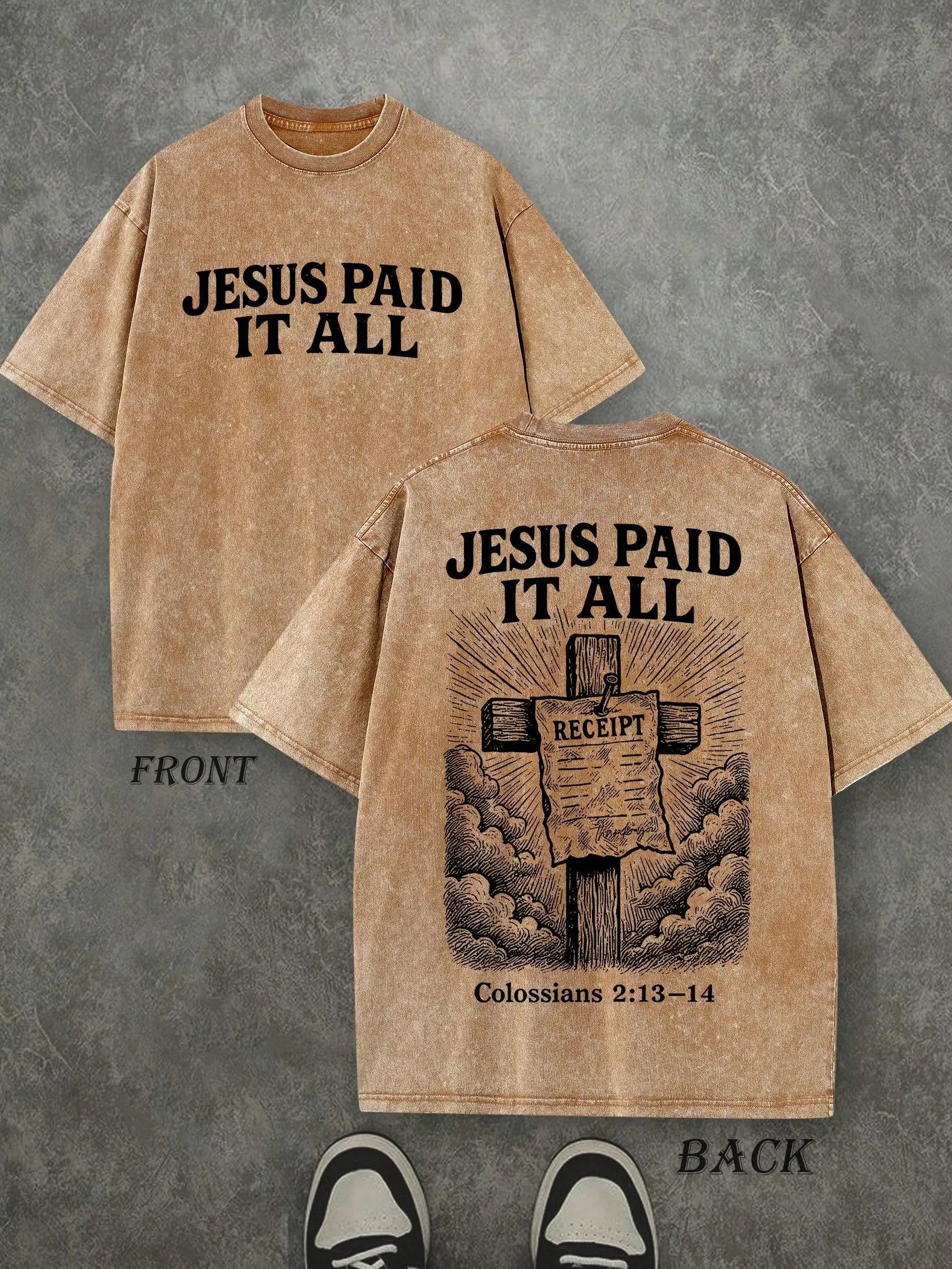 Retro Washed T-Shirt Double Sided Printed 230 Pure Cotton 'JESUS PAID IT ALL' Letter & Cross Pattern Christian Gift Men's Casual Comfortable Fashionable Street Style Cotton Short Sleeve washed pure cotton