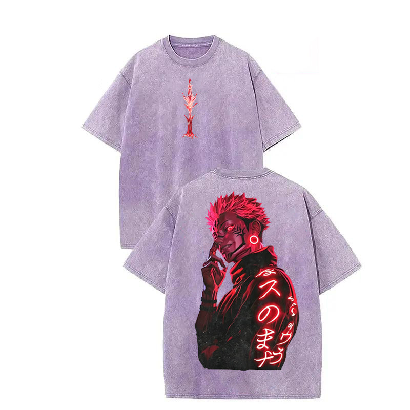 Ryomen Sukuna Jujutsu Kaisen Oversized Washed Tee Heavy Cotton Neon Red Graphic Shirt Anime Collector Essential Double Sided Prints Big Bold Graphics