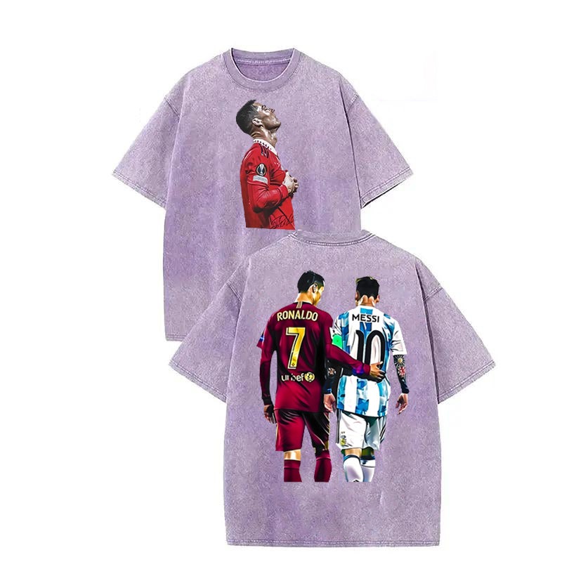Double Ball King Cristiano Ronaldo double-sided printed short sleeved retro distressed washed American street style T-shirt