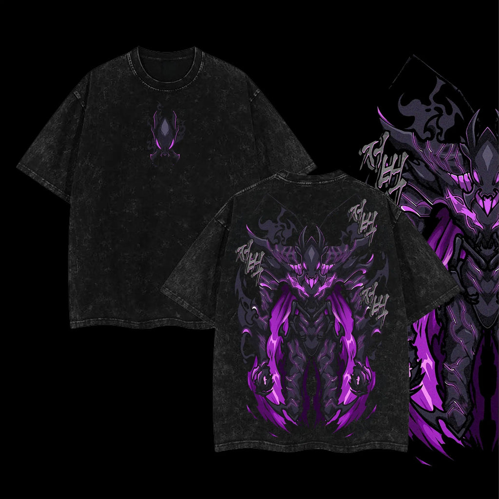 Shadow Soldiers BERU, IGRIS, IRON, TUSK T-Shirt Solo Leveling Anime Double Printed Vintage Washed Tee Unisex Oversize Anime Manga Washed Heavyweight Cotton T-shirt