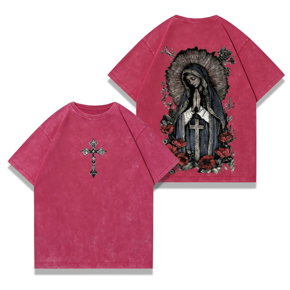 valentine shirts Virgin Mary Graphic T-Shirt, Washed Black Heavy Cotton, Gothic Streetwear