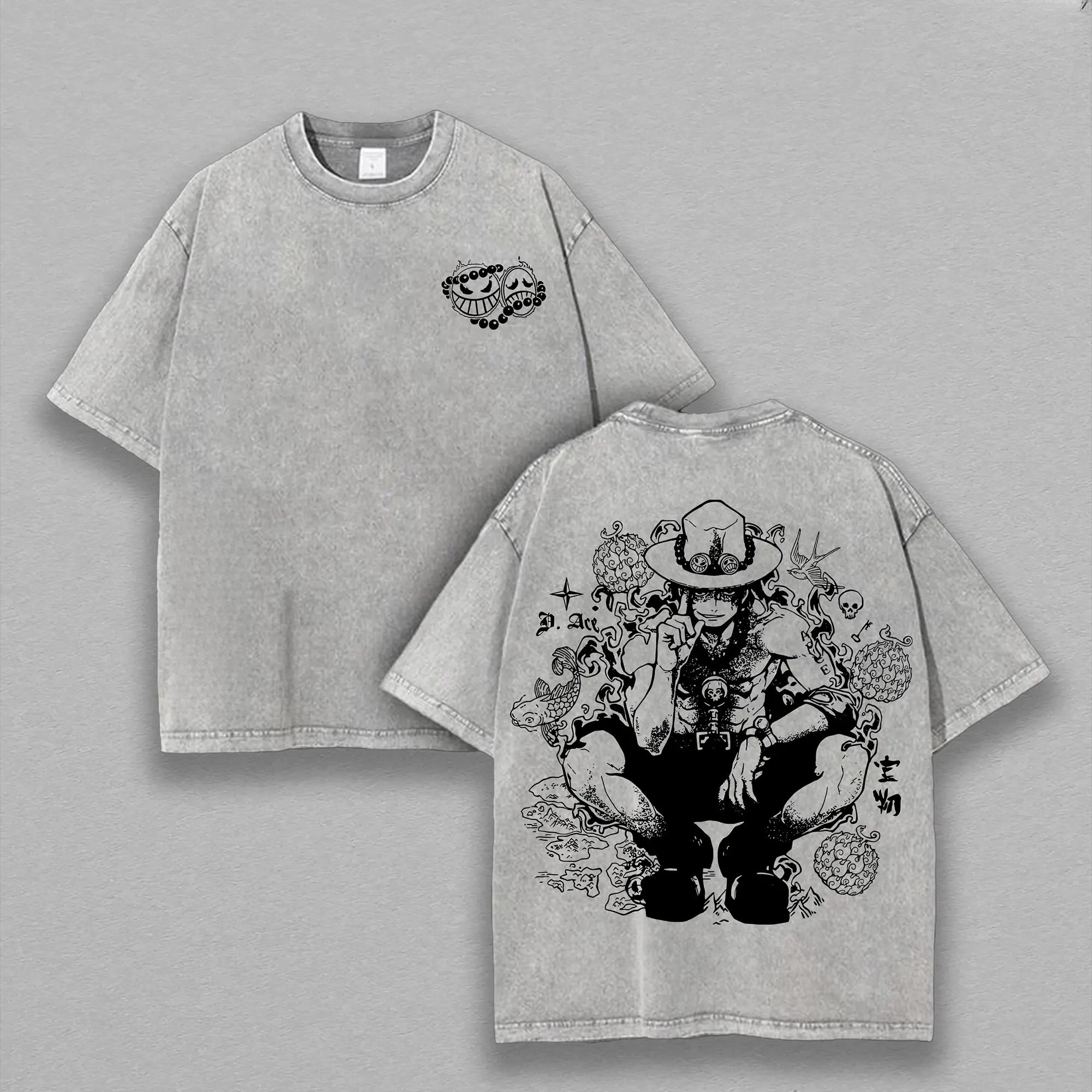 ACE x One Piece Vintage Tee – Anime Double Printed Oversize Lightweight Acid Washed Tee, Graphic Tee, Anime Merch, Outfits Men