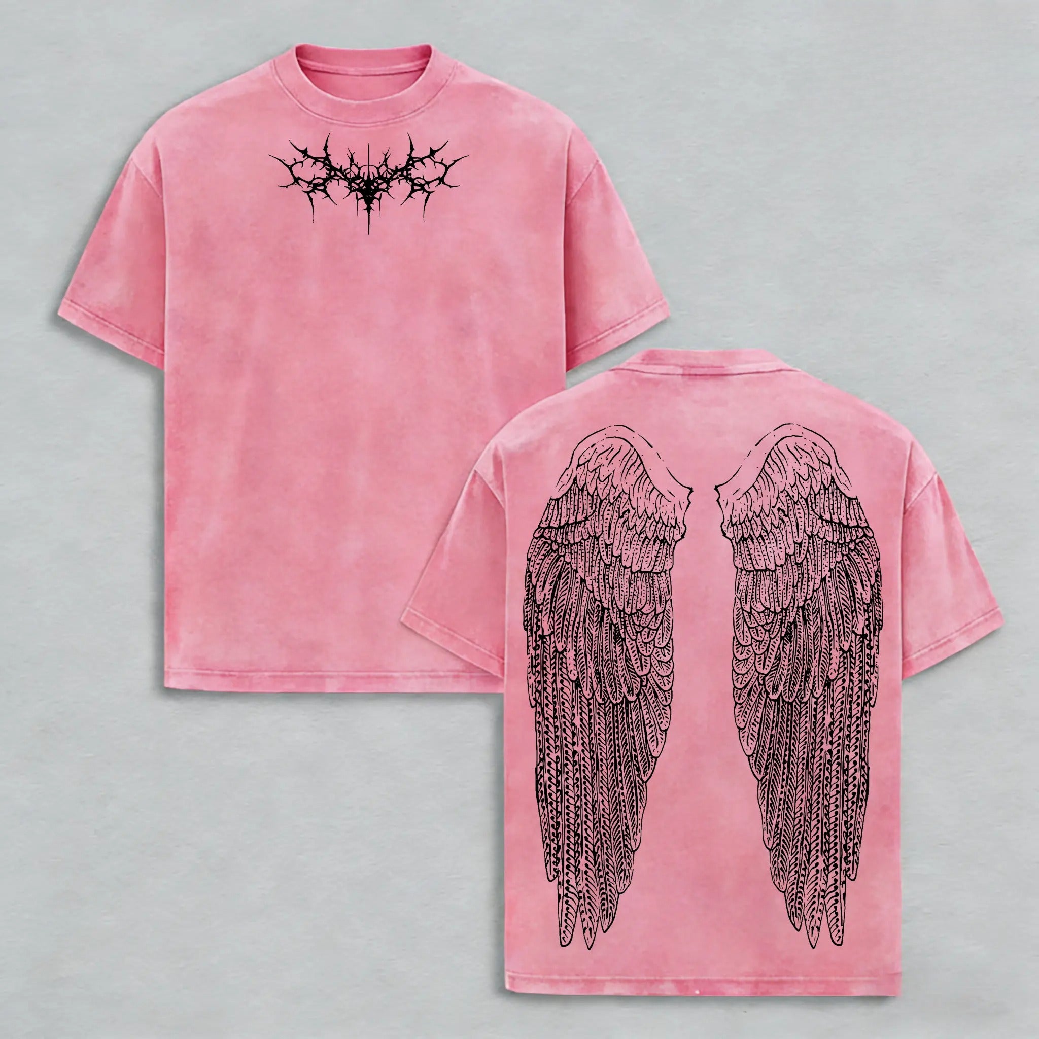 Y2K Gothic Wing Hoodie – Dark Oversized Vintage Hoodie | Washed Wing Graphic T-Shirt for Grunge Streetwear & Anime-Inspired Fashion
