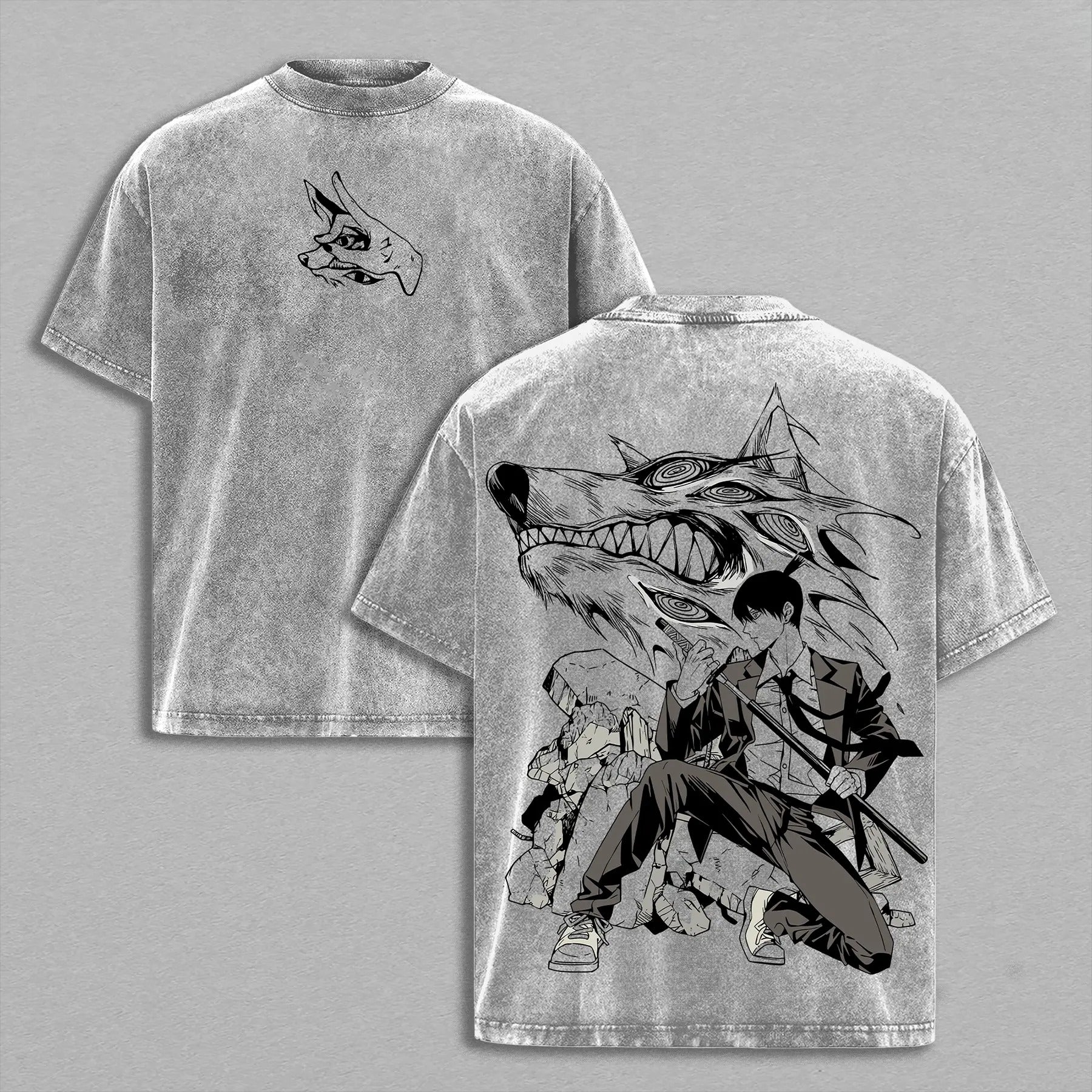Aki Hayakawa x Kon Tee Washed – Chainsaw Man Vintage Wash Heavy Cotton Oversize Anime Manga Top, Retro Streetwear Graphic Tee for Devil Hunter Fans