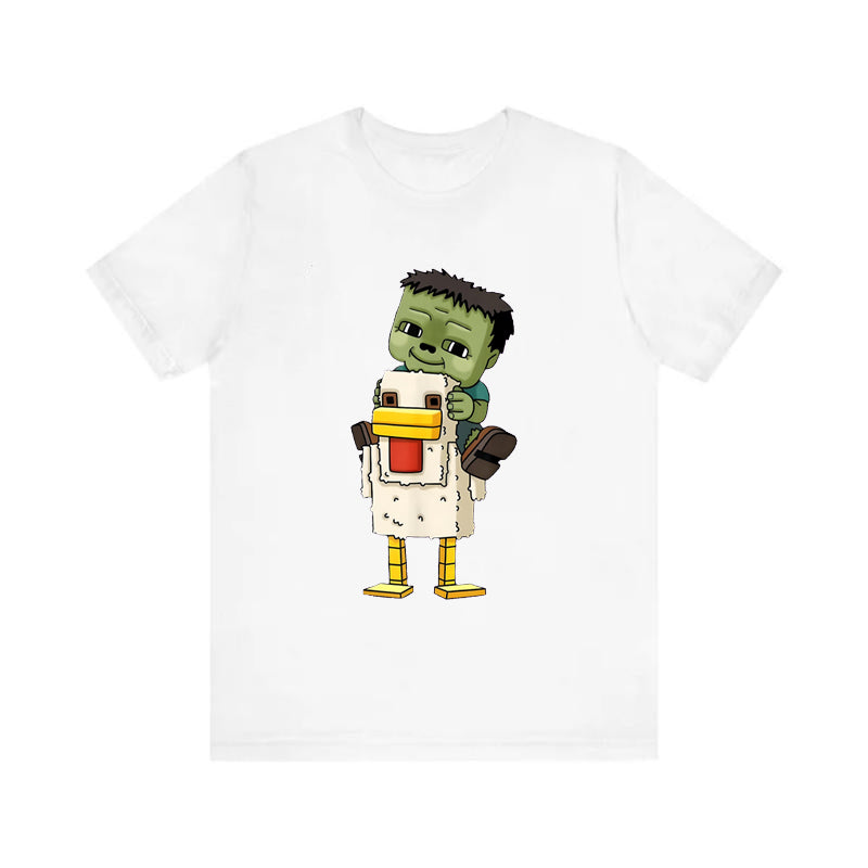 My World Cartoon Zombie Riding Chicken Printed T-shirt Summer Cotton Loose Casual Top