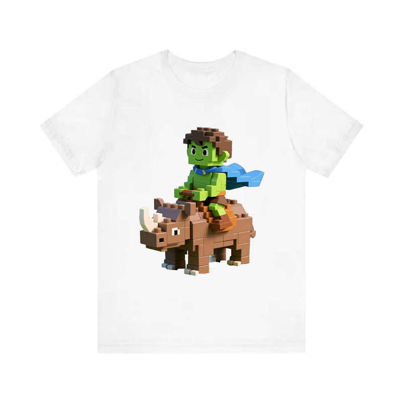 My World Style Rhino Knight Block Printed T-shirt for Men and Women, Loose Short Sleeve