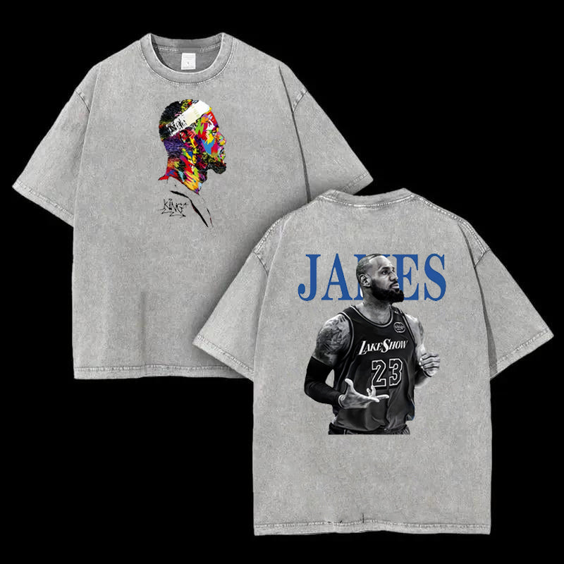 American retro LeBron James double-sided printed T-shirt Lakers No. 23 vintage washed trendy brand short sleeved shirt
