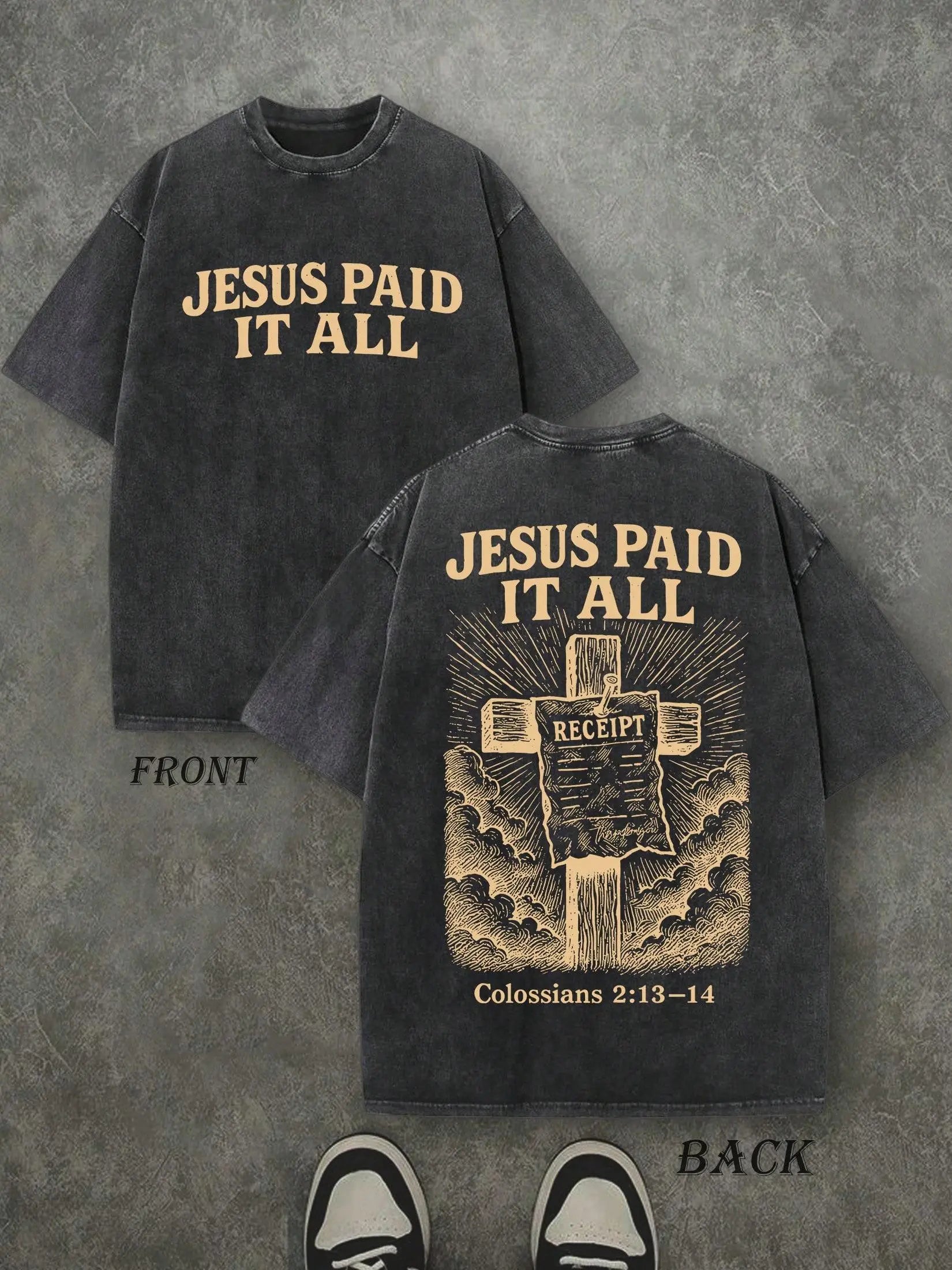 Retro Washed T-Shirt Double Sided Printed 230 Pure Cotton 'JESUS PAID IT ALL' Letter & Cross Pattern Christian Gift Men's Casual Comfortable Fashionable Street Style Cotton Short Sleeve washed pure cotton