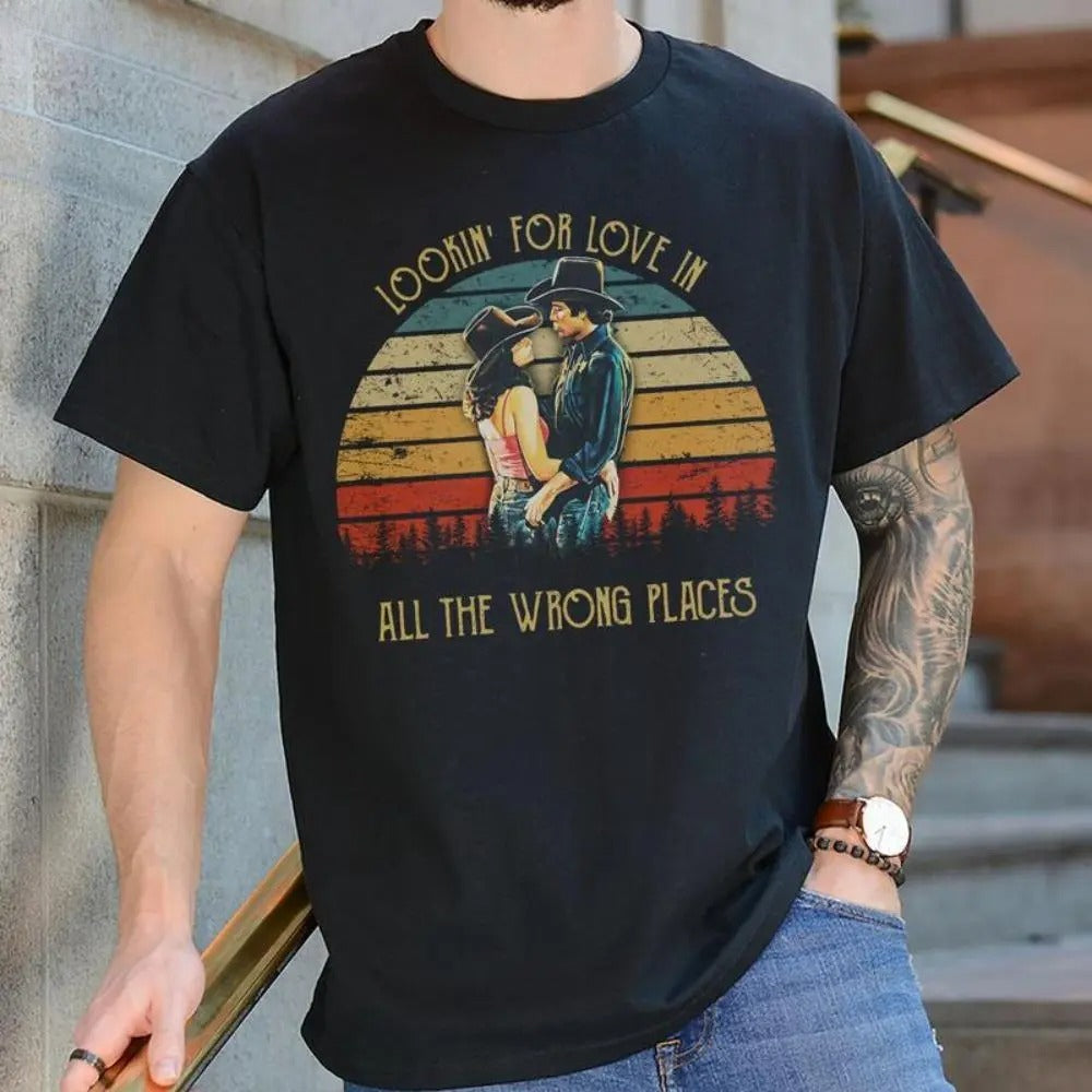 Bud And Sissy Looking For Love In All The Wrong Places Shirt, Retro 80s Country Movie Quote Tee, Vintage Romance Unisex T-Shirt, Cowboy Couple Gift