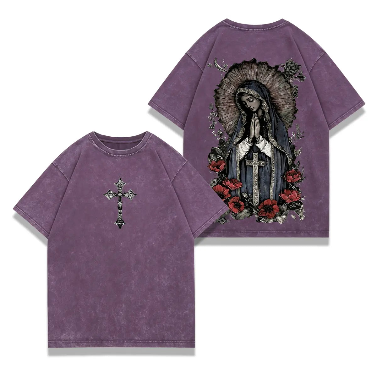 valentine shirts Virgin Mary Graphic T-Shirt, Washed Black Heavy Cotton, Gothic Streetwear
