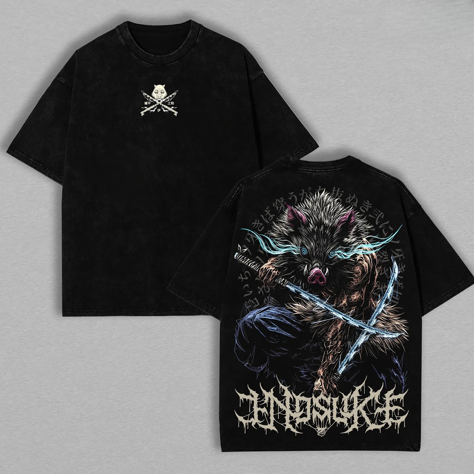 Demon Slayer Mens T-shirt, Inosuke Hashibira Shirt Tanjiro Kamado Tee Printed Kaos Short Sleeve Shirt Casual, Vintage Washed Tee Unisex Oversize Anime Manga Washed Heavyweight Cotton T-shirt