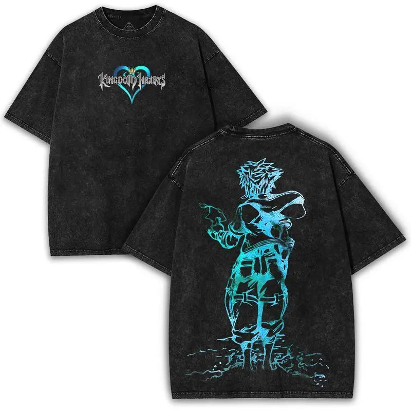valentine shirts Sora Silhouette x Kingdom Hearts Washed Oversized Vintage Tee – Neon Blue Streetwear Graphic | Anime Collector Drop
