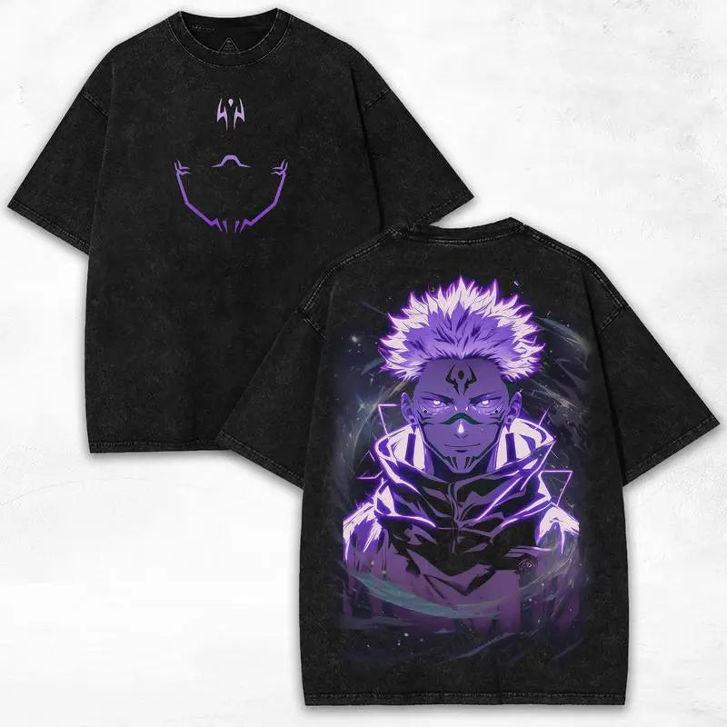 Jujutsu Kaisen Sukuna Neon Style Anime Graphic Tee Vintage Washed Oversized Heavy Cotton Manga T-Shirt Dark Cyber Streetwear for JJK Fans