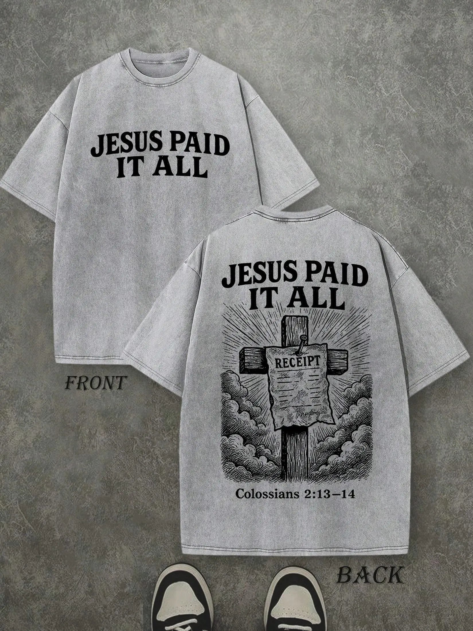 Retro Washed T-Shirt Double Sided Printed 230 Pure Cotton 'JESUS PAID IT ALL' Letter & Cross Pattern Christian Gift Men's Casual Comfortable Fashionable Street Style Cotton Short Sleeve washed pure cotton