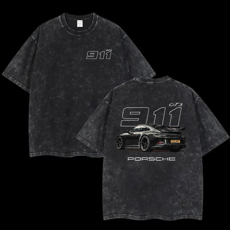 911 GT3 Racing Tshirt Unisex Fit Washed Cotton T-Shirt Oversize Menswear Tops  Streetwear Round Neck Tshirt