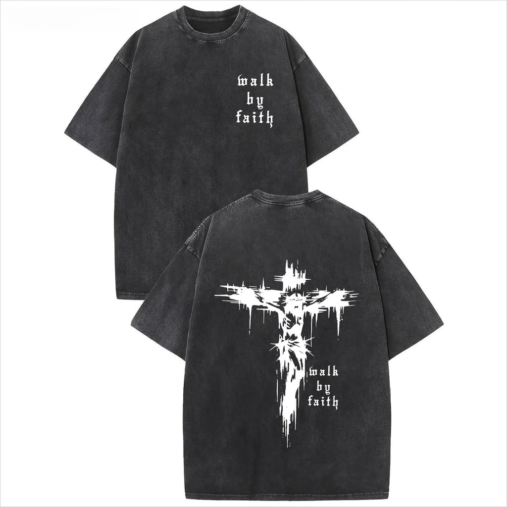 Unisex 100% Cotton Cross & Faith Over Fear Slogan Print Washed Distressed Short Sleeve Tee, Regular Fit Vintage Trendy Casual Relaxed Comfy Round Neck T-shirt for Daily Wear, Men's All Seasons Top, Summer Clothes, Christian Apparel Soft Graphics