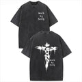 Unisex 100% Cotton Cross & Faith Over Fear Slogan Print Washed Distressed Short Sleeve Tee, Regular Fit Vintage Trendy Casual Relaxed Comfy Round Neck T-shirt for Daily Wear, Men's All Seasons Top, Summer Clothes, Christian Apparel Soft Graphics