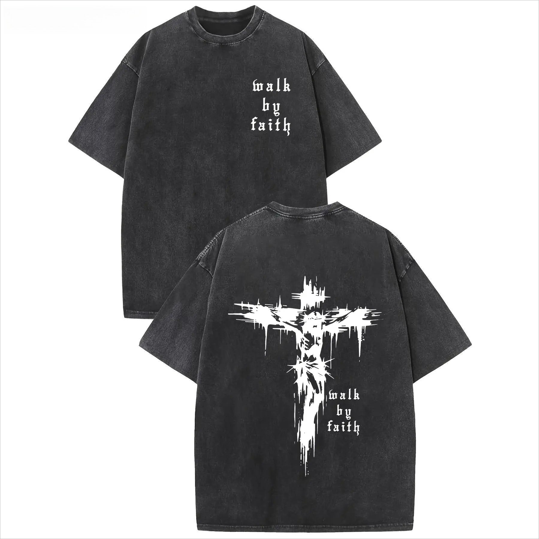 Unisex 100% Cotton Cross & Faith Over Fear Slogan Print Washed Distressed Short Sleeve Tee, Regular Fit Vintage Trendy Casual Relaxed Comfy Round Neck T-shirt for Daily Wear, Men's All Seasons Top, Summer Clothes, Christian Apparel Soft Graphics