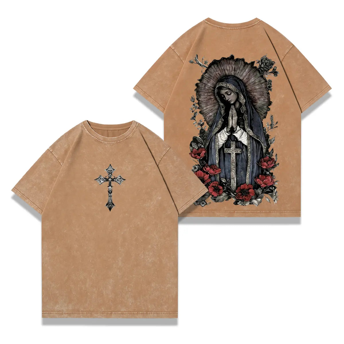 valentine shirts Virgin Mary Graphic T-Shirt, Washed Black Heavy Cotton, Gothic Streetwear