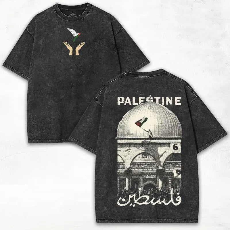 Palestine Freedom Vintage Oversized Tee – Double-Sided Washed Heavy Cotton Shirt with Hope & Solidarity Graphic | Retro Streetwear Limited Drop Menswear Top