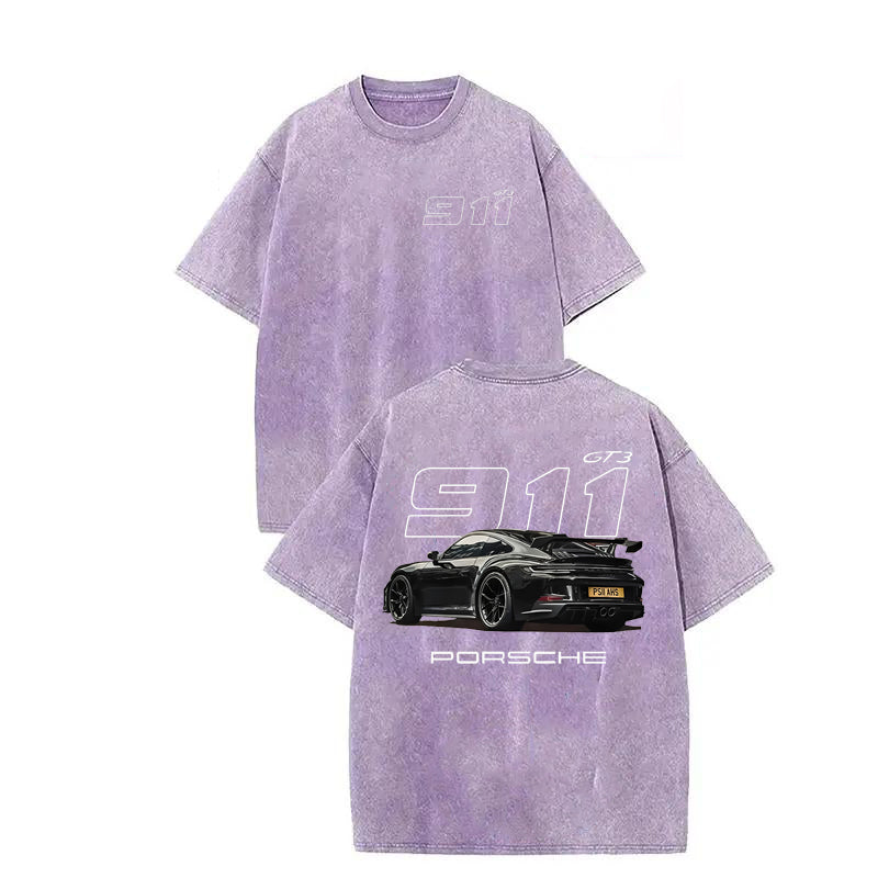 911 GT3 Racing Tshirt Unisex Fit Washed Cotton T-Shirt Oversize Menswear Tops  Streetwear Round Neck Tshirt