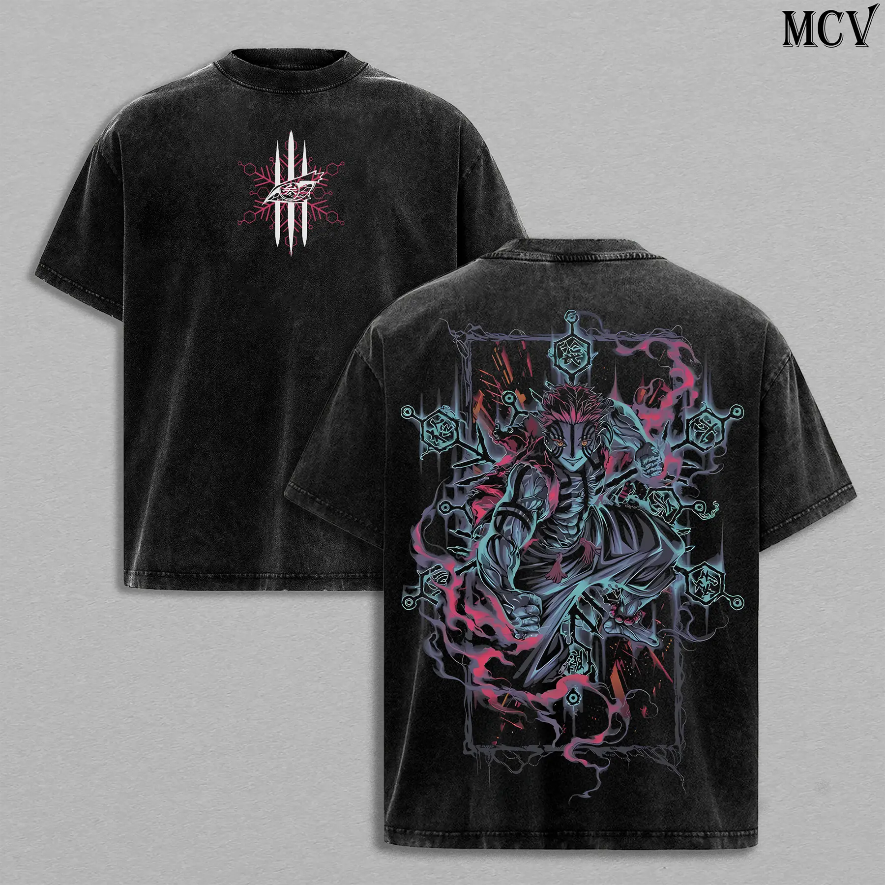Akaza Infinity Castle T-Shirt – Demon Slayer Kimetsu no Yaiba Vintage Washed Oversized Heavy Cotton Unisex Tee Retro Anime Manga Streetwear Graphic Top Anime Merch Gift for Fans