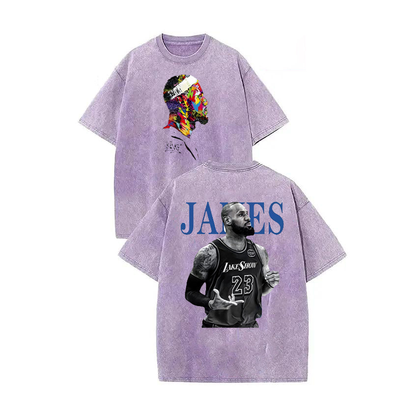American retro LeBron James double-sided printed T-shirt Lakers No. 23 vintage washed trendy brand short sleeved shirt