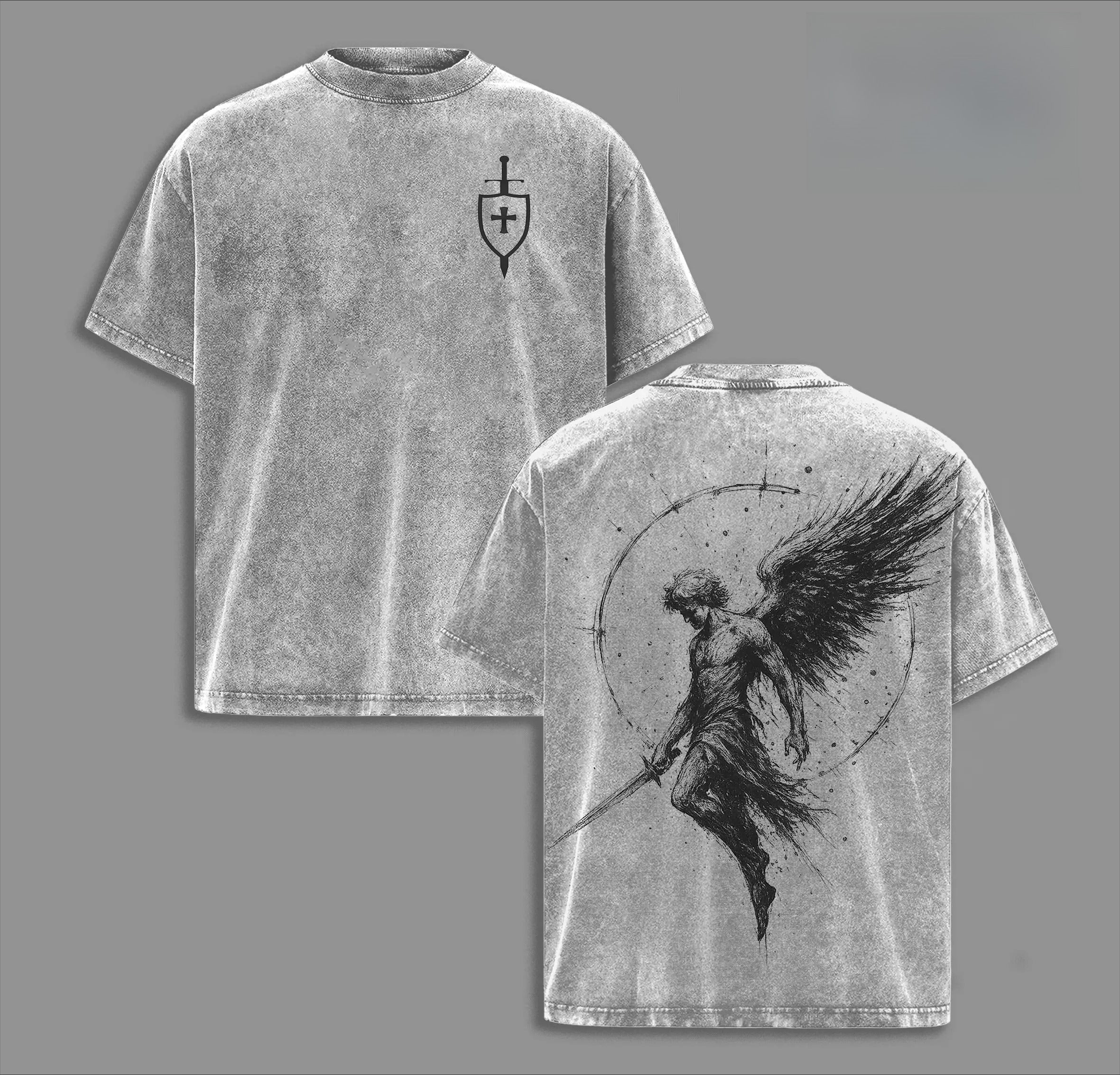 Sanctus Michael Archangelus x Flaming Sword x Shield x Scales of Justice Archangel Michael T-Shirt Washed Church Outfit Gym Pump Cover ,Christian Religious , Jesus Apparel
