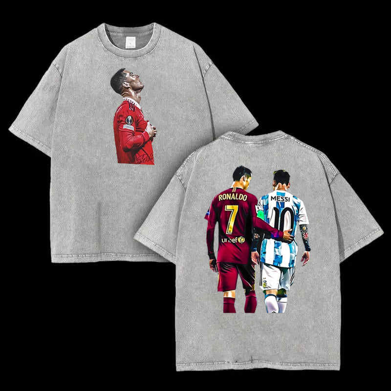 Double Ball King Cristiano Ronaldo double-sided printed short sleeved retro distressed washed American street style T-shirt