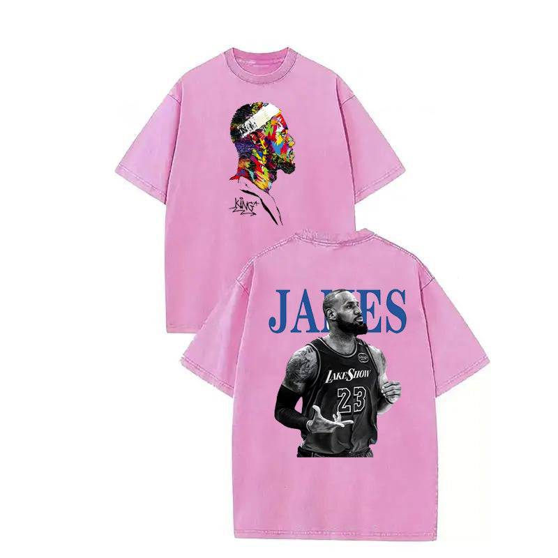 American retro LeBron James double-sided printed T-shirt Lakers No. 23 vintage washed trendy brand short sleeved shirt