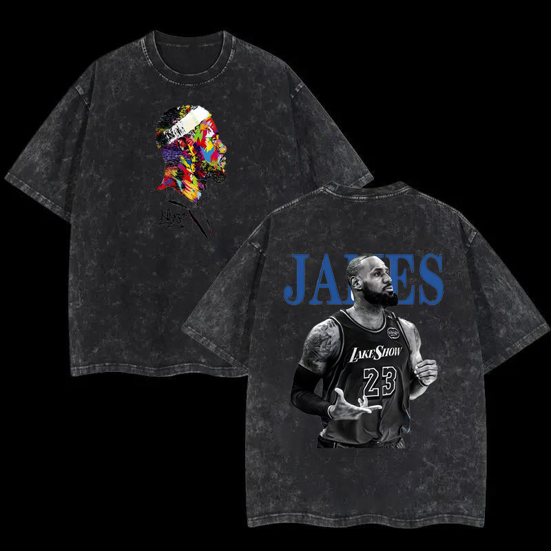 American retro LeBron James double-sided printed T-shirt Lakers No. 23 vintage washed trendy brand short sleeved shirt