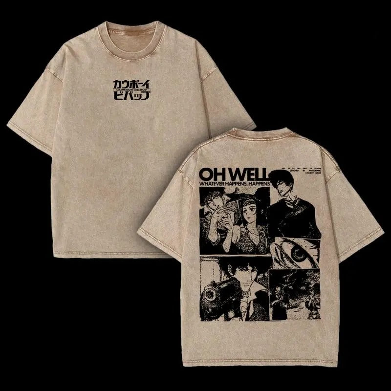 Retro Vintage Cowboy Bebop Anime Double Printed  Washed T-shirt Unisex Mineral Anime Manga Washed Heavy Cotton T-shirt, Gift For Anime Fan Lover