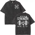 vintage Unisex heavyweight 230g pure cotton T-shirt - 'Not by my strength, but by His' double-sided printed cross and dumbbell pattern,