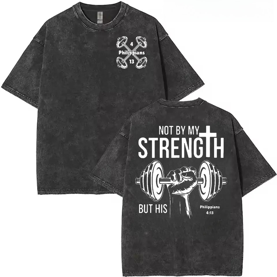vintage Unisex heavyweight 230g pure cotton T-shirt - 'Not by my strength, but by His' double-sided printed cross and dumbbell pattern,
