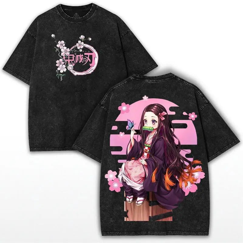 valentine shirts Retro Nezuko Vintage Tee – Oversized Demon Slayer Anime Shirt Cherry Blossom Streetwear for Fans