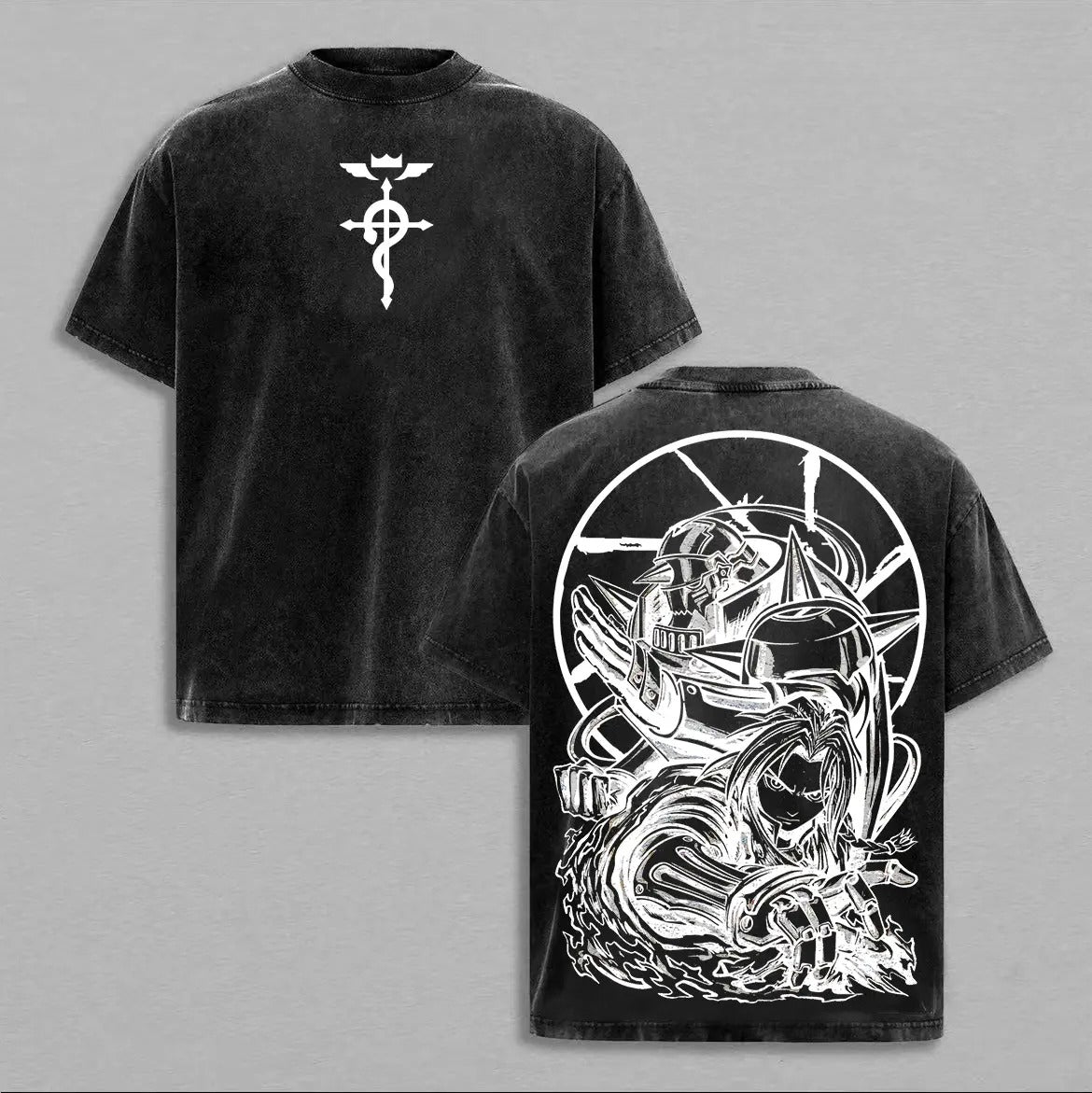 Fullmetal Alchemist Brotherhood Oversized Washed Graphic Tee – Vintage Heavy Cotton T-Shirt, Classic Anime Streetwear Top, Perfect for Manga Lovers & Dark Fantasy Fans
