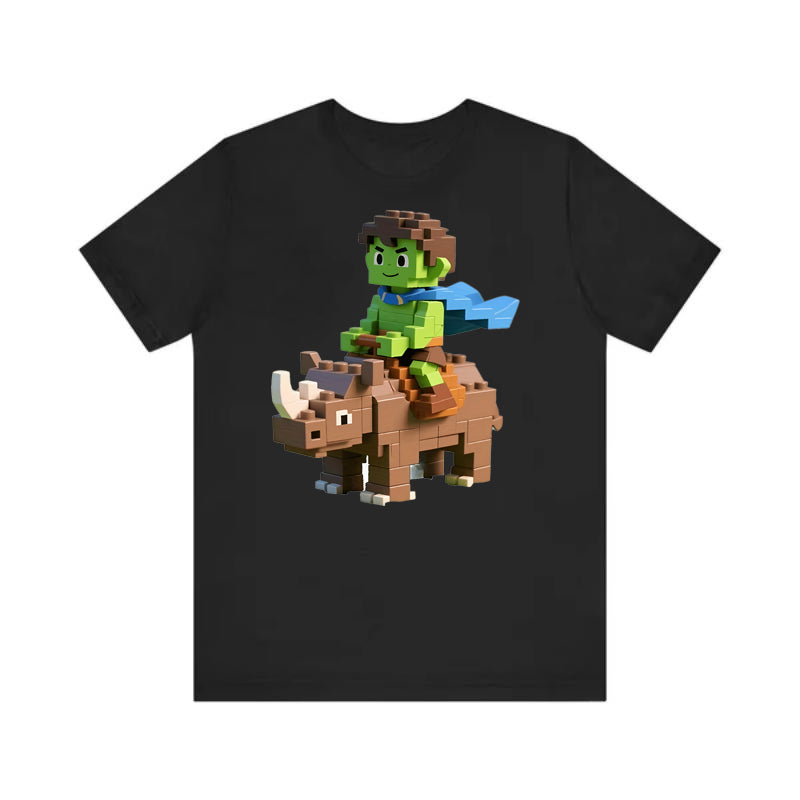 My World Style Rhino Knight Block Printed T-shirt for Men and Women, Loose Short Sleeve