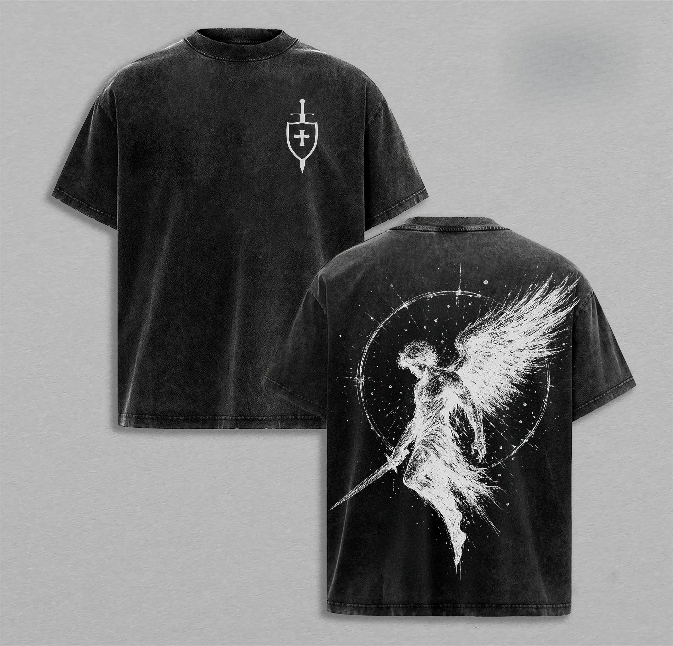 Sanctus Michael Archangelus x Flaming Sword x Shield x Scales of Justice Archangel Michael T-Shirt Washed Church Outfit Gym Pump Cover ,Christian Religious , Jesus Apparel