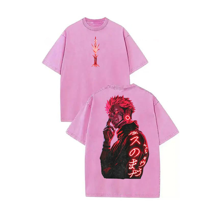 Ryomen Sukuna Jujutsu Kaisen Oversized Washed Tee Heavy Cotton Neon Red Graphic Shirt Anime Collector Essential Double Sided Prints Big Bold Graphics