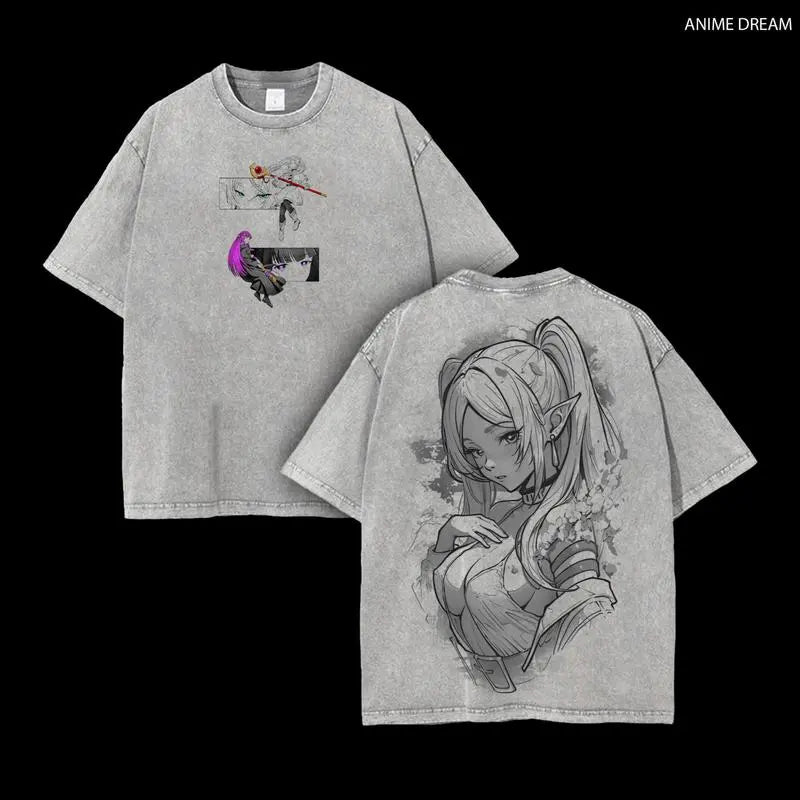 Frieren × Fern Frieren: Beyond Journey's End Anime Double Printed Vintage Washed Tee Unisex Oversize Anime Manga Washed Heavyweight Cotton T-shirt boyfriend  tees wicked  merchandise