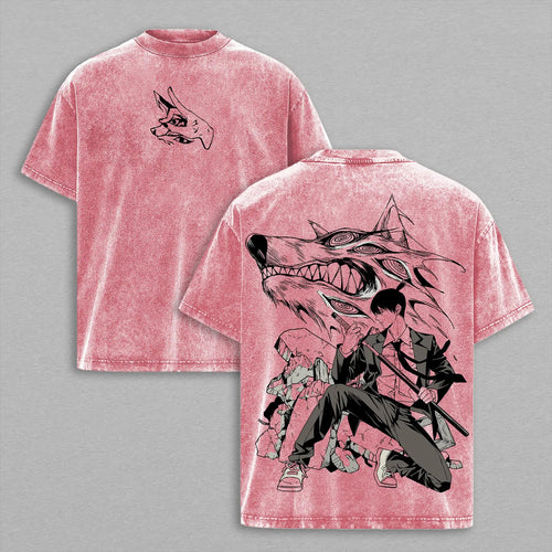 Aki Hayakawa x Kon Tee Washed – Chainsaw Man Vintage Wash Heavy Cotton Oversize Anime Manga Top, Retro Streetwear Graphic Tee for Devil Hunter Fans