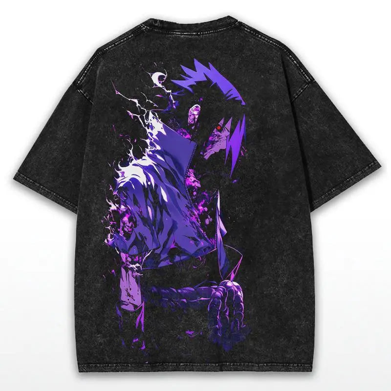 Sasuke Anime Graphic Tee - Stylish Unisex Washed Shirt for True Naruto Fans, Comfortable Cotton Fit with Bold Anime Print Design, Perfect for Streetwear Vibes