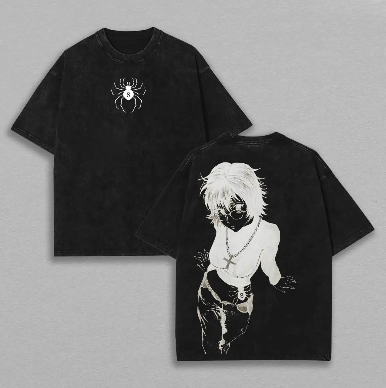 Shizuku Hunter X Hunter, Phantom Troupe Anime Double Printed Vintage Washed Tee Unisex Oversize Heavyweight Cotton T-shirt for Anime Fans and Lovers