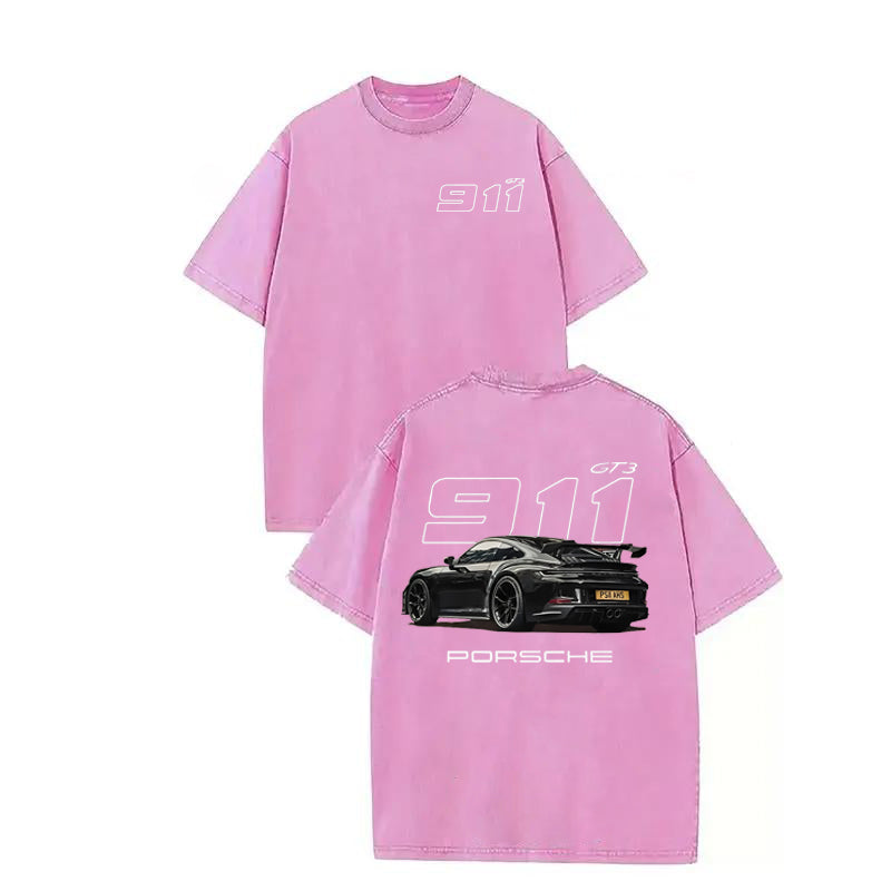 911 GT3 Racing Tshirt Unisex Fit Washed Cotton T-Shirt Oversize Menswear Tops  Streetwear Round Neck Tshirt
