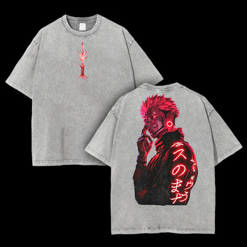 Ryomen Sukuna Jujutsu Kaisen Oversized Washed Tee Heavy Cotton Neon Red Graphic Shirt Anime Collector Essential Double Sided Prints Big Bold Graphics