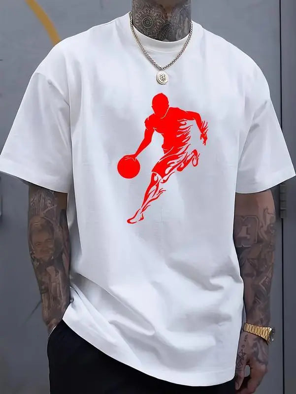 Men's Summer Crew Neck T-Shirt Comfortable Loose Short Sleeve Fashion Retro Casual Print - Men's Basketball Silhouette Printed T-Shirt, 100%25 Cotton Casual, Four Seasons Comfortable Fit Knitted Fabric Top, Large Size